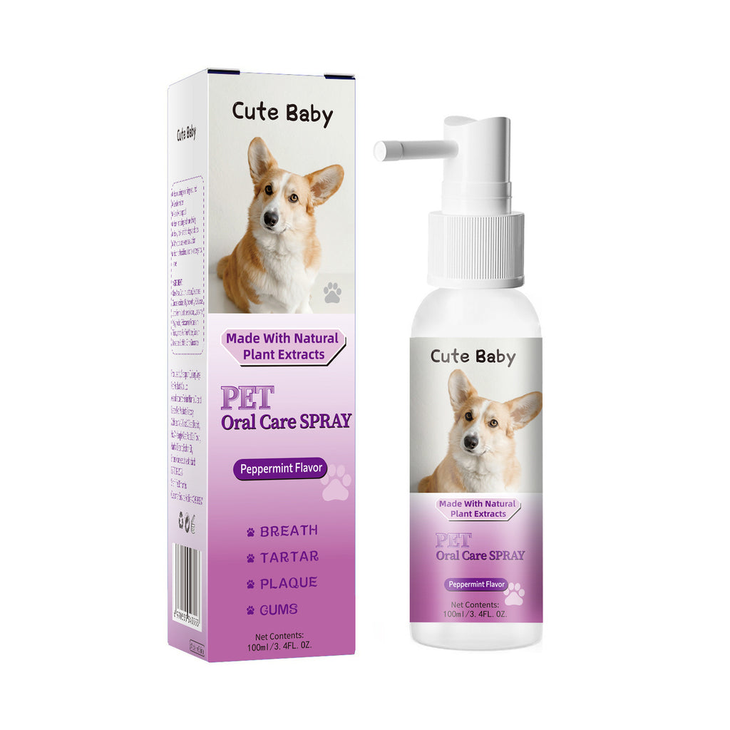 Cute Baby Peppermint Pet Oral Spray (100ml/3.4FL. OZ) | Natural Plant Extract Dog & Cat Breath Freshener & Dental Spray