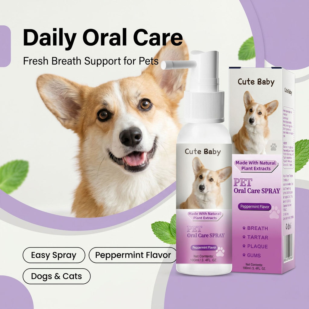 Cute Baby Peppermint Pet Oral Spray (100ml/3.4FL. OZ) | Natural Plant Extract Dog & Cat Breath Freshener & Dental Spray