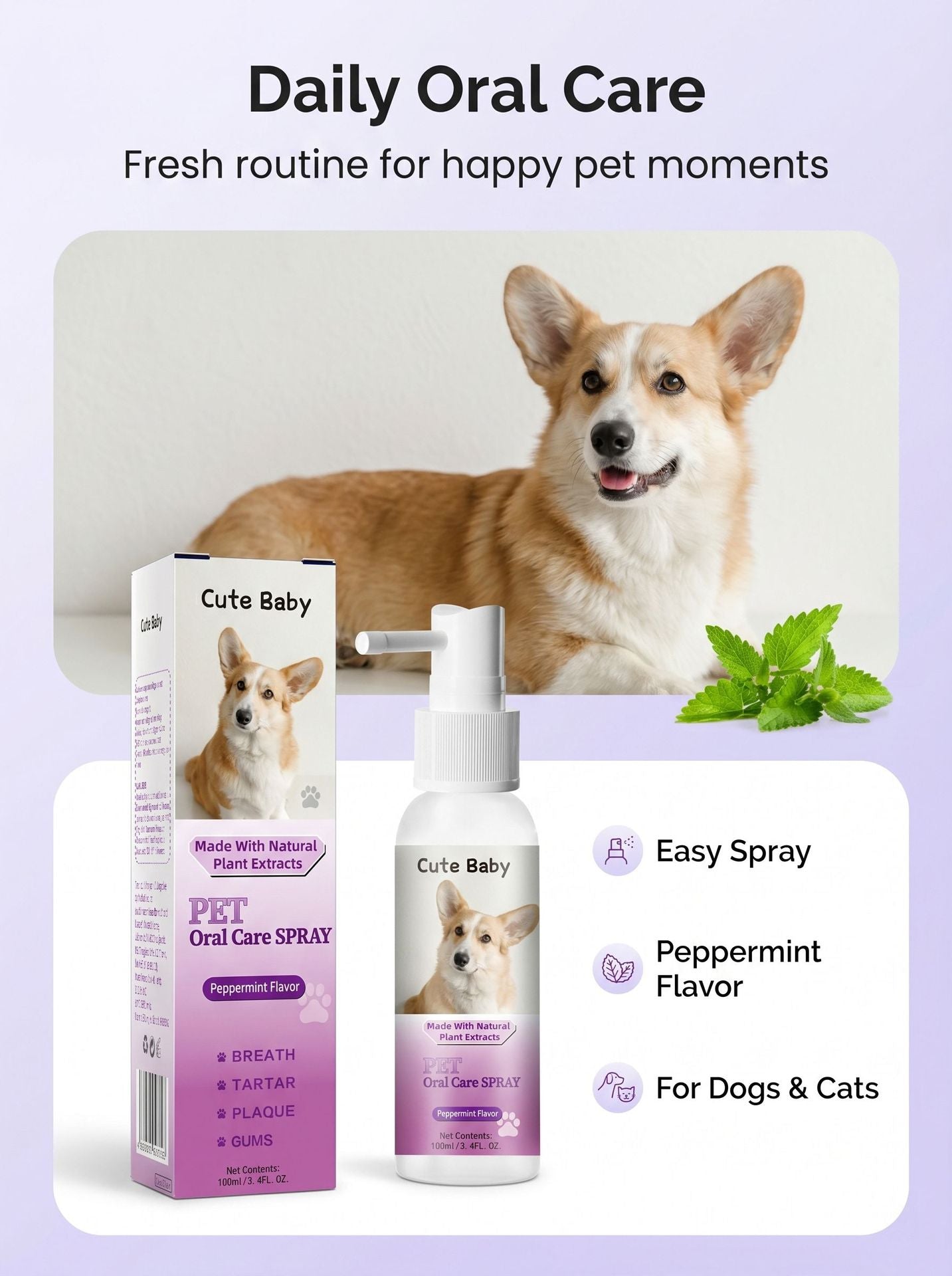 Cute Baby Peppermint Pet Oral Spray (100ml/3.4FL. OZ) | Natural Plant Extract Dog & Cat Breath Freshener & Dental Spray