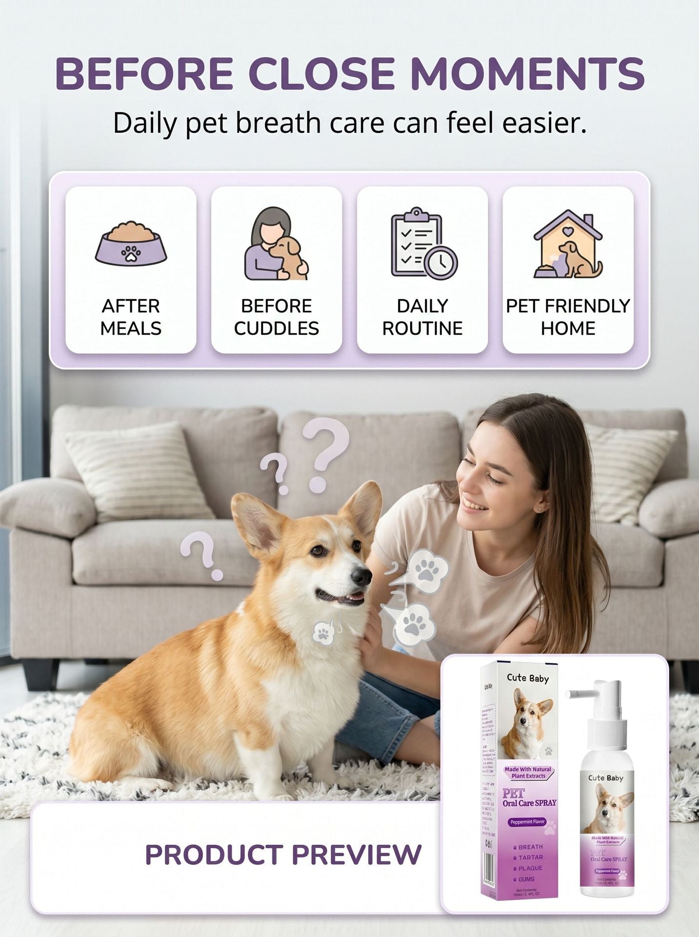 Cute Baby Peppermint Pet Oral Spray (100ml/3.4FL. OZ) | Natural Plant Extract Dog & Cat Breath Freshener & Dental Spray