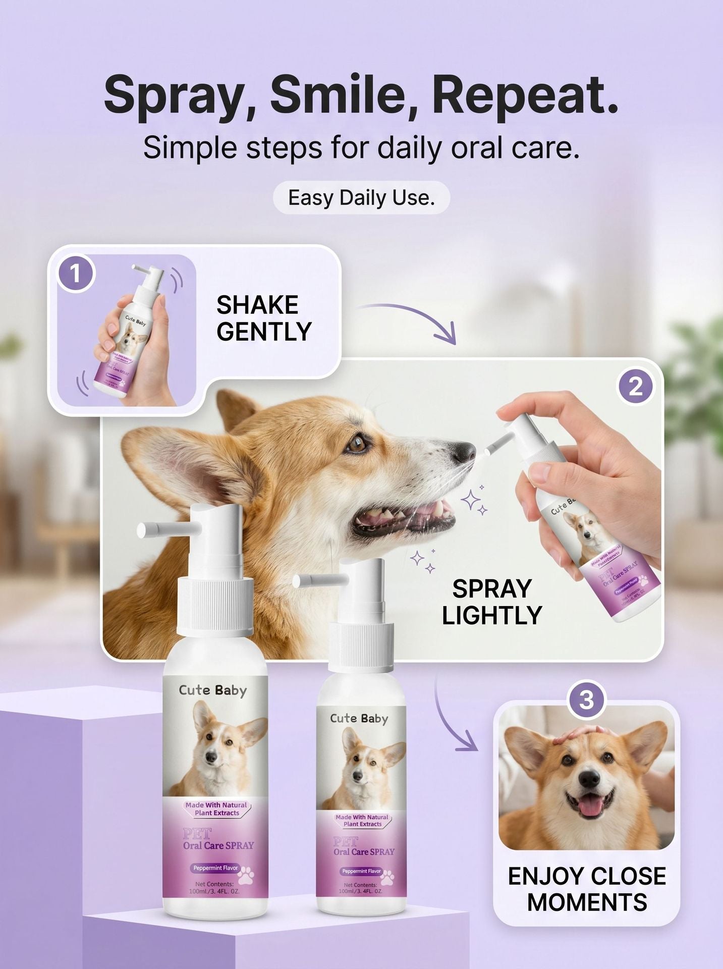 Cute Baby Peppermint Pet Oral Spray (100ml/3.4FL. OZ) | Natural Plant Extract Dog & Cat Breath Freshener & Dental Spray