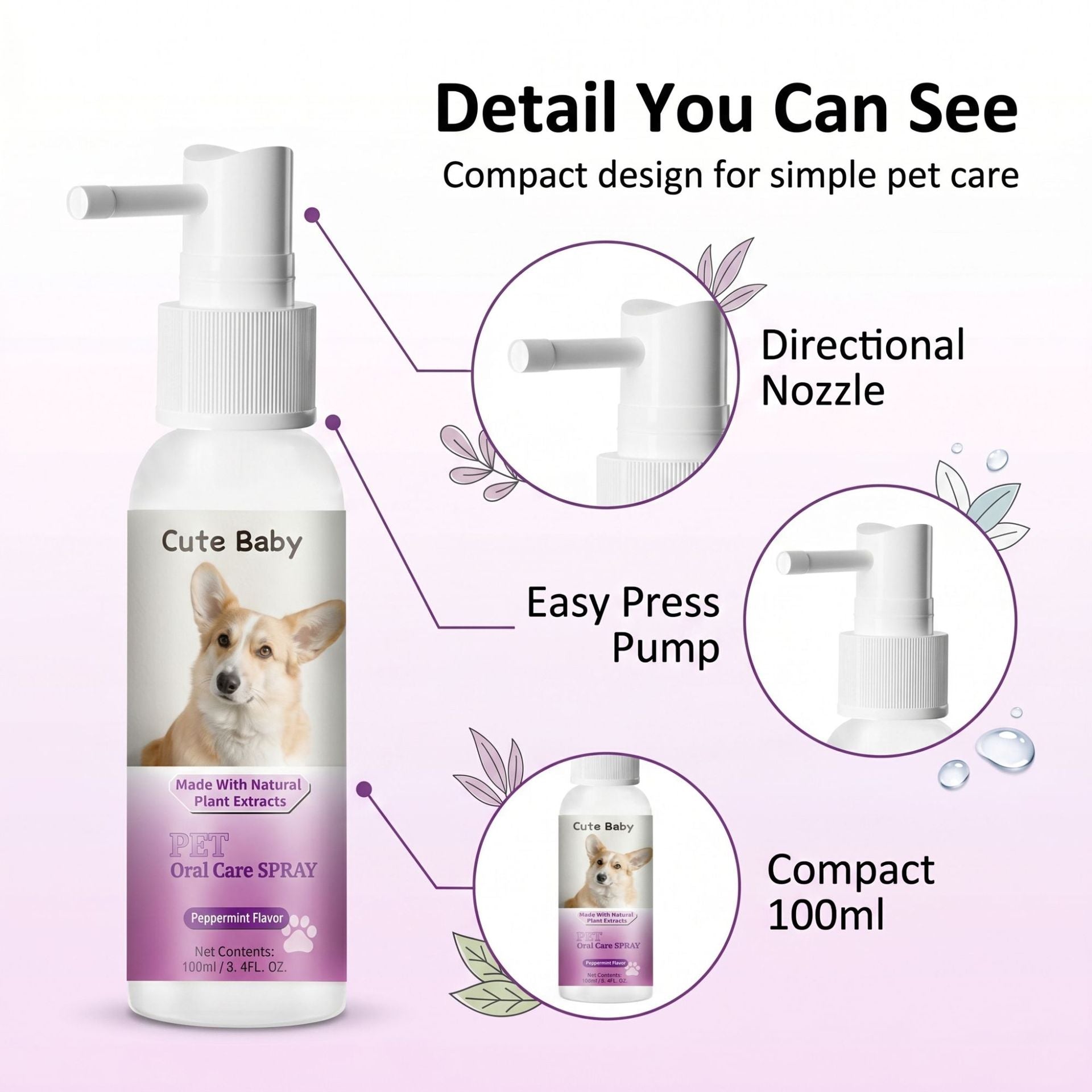 Cute Baby Peppermint Pet Oral Spray (100ml/3.4FL. OZ) | Natural Plant Extract Dog & Cat Breath Freshener & Dental Spray