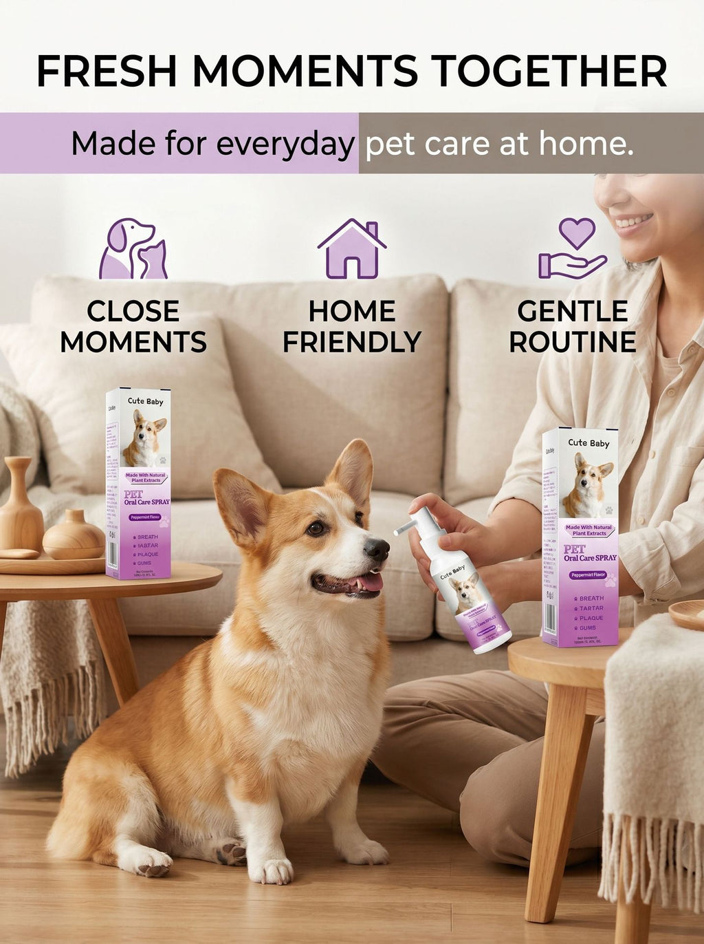 Cute Baby Peppermint Pet Oral Spray (100ml/3.4FL. OZ) | Natural Plant Extract Dog & Cat Breath Freshener & Dental Spray